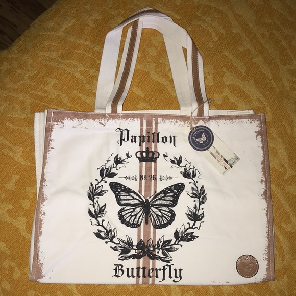 Le Papillon-Butterfly-white/beige pink striped canvas/leather tote NWT LAST1!!! - Picture 6 of 10